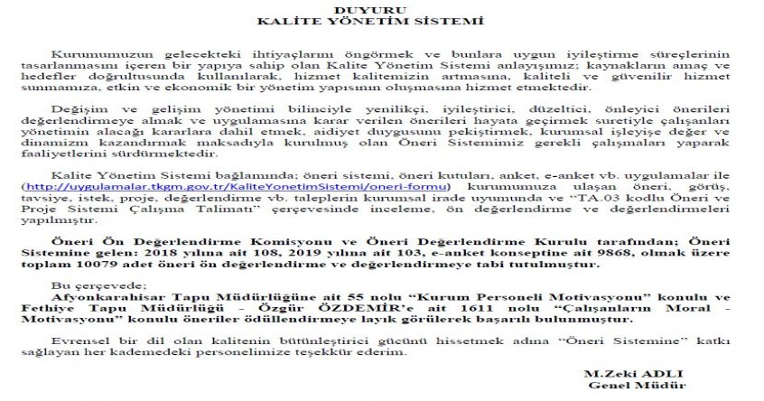 Kalite Yonetim Sistemi Tkgm